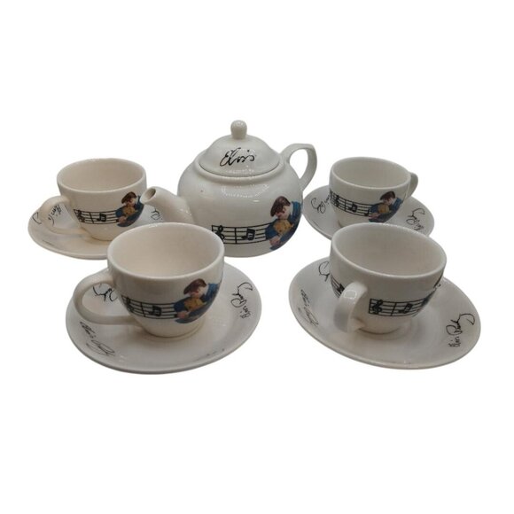 Elvis Presley Themed Tea Set With Teapot 4 Cups & Saucers On Metal Stand - Picture 2 of 11